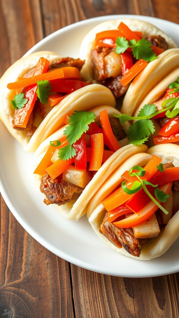 Plate of pork belly buns with pickled vegetables, garnished with cilantro and green onions on a rustic table.